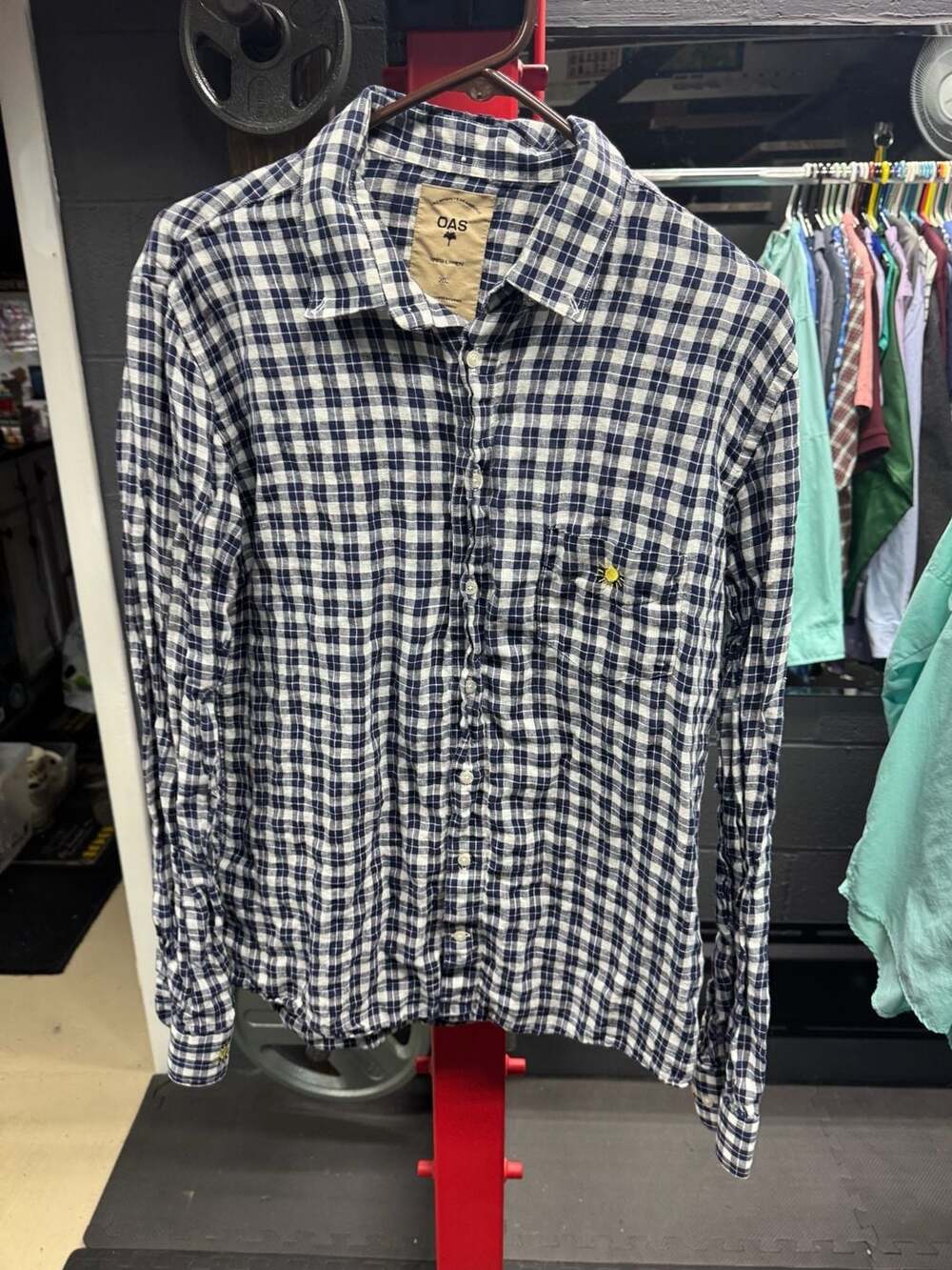 OAS Navy Blue Gingham 100% Linen Long Sleeve Button Down Shirt